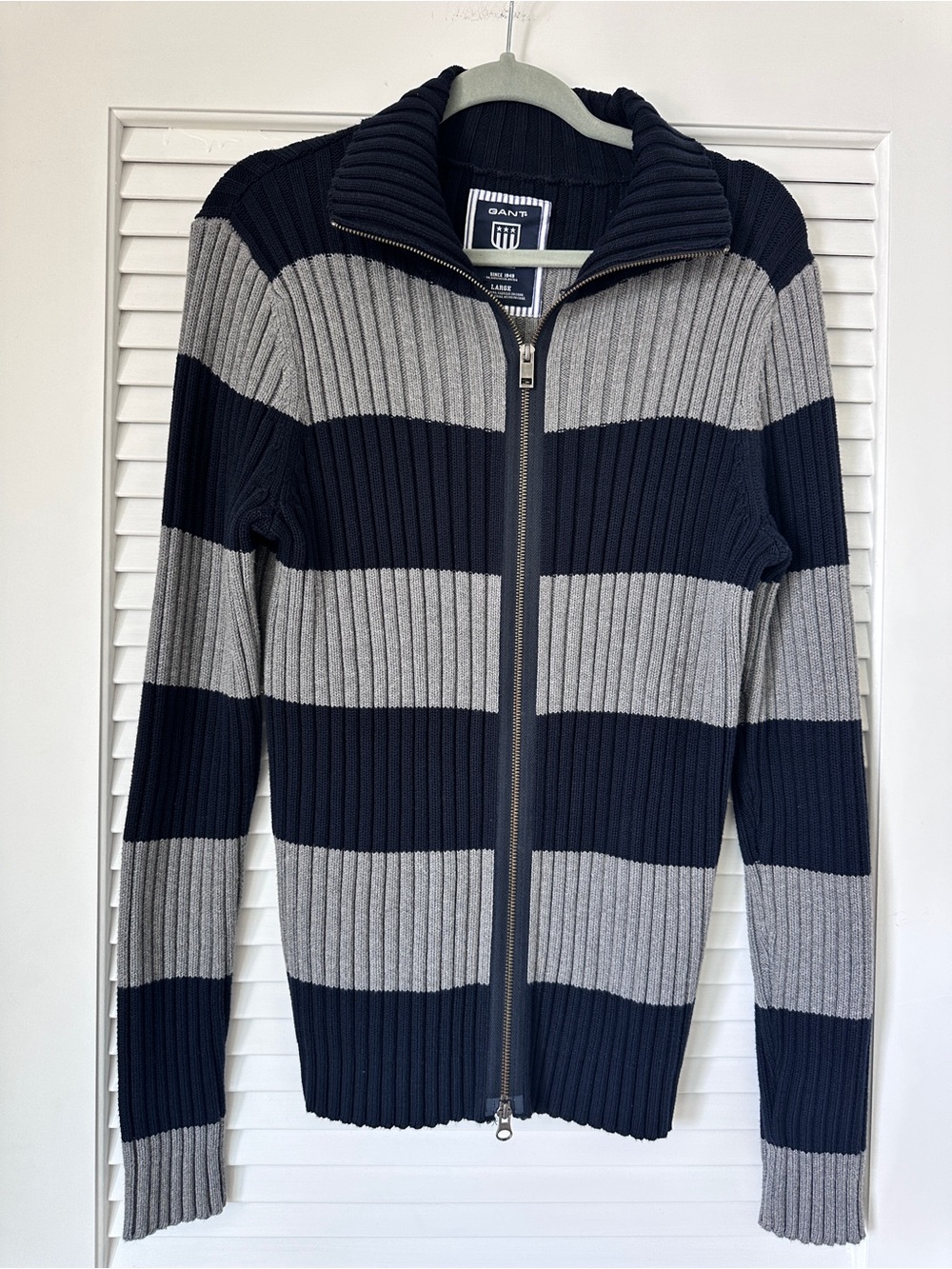 GANT Men’s L Navy Gray Striped Ribbed Cotton Full Zip Cardigan Sweater